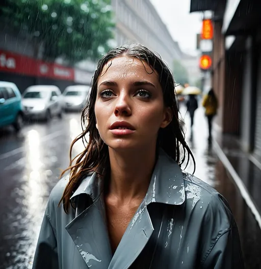 Prompt: Women waking on street rainy day