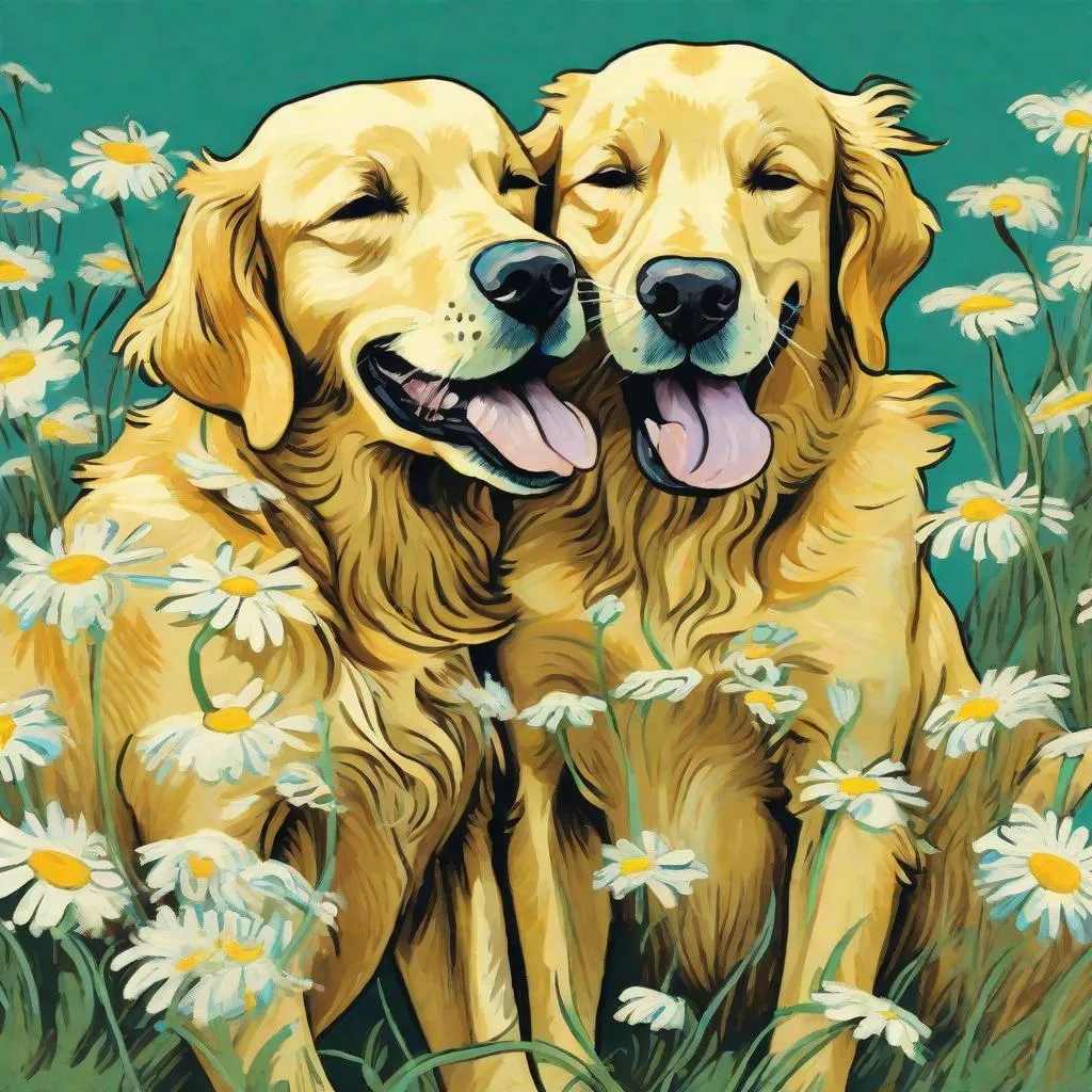 Prompt: illustration of 2 retriever dogs licking each other, among daisies, by van gogh