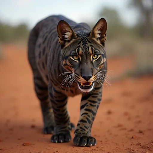 Prompt: a dark brown big cat with tan spots and large frontal canines in the Australian outback