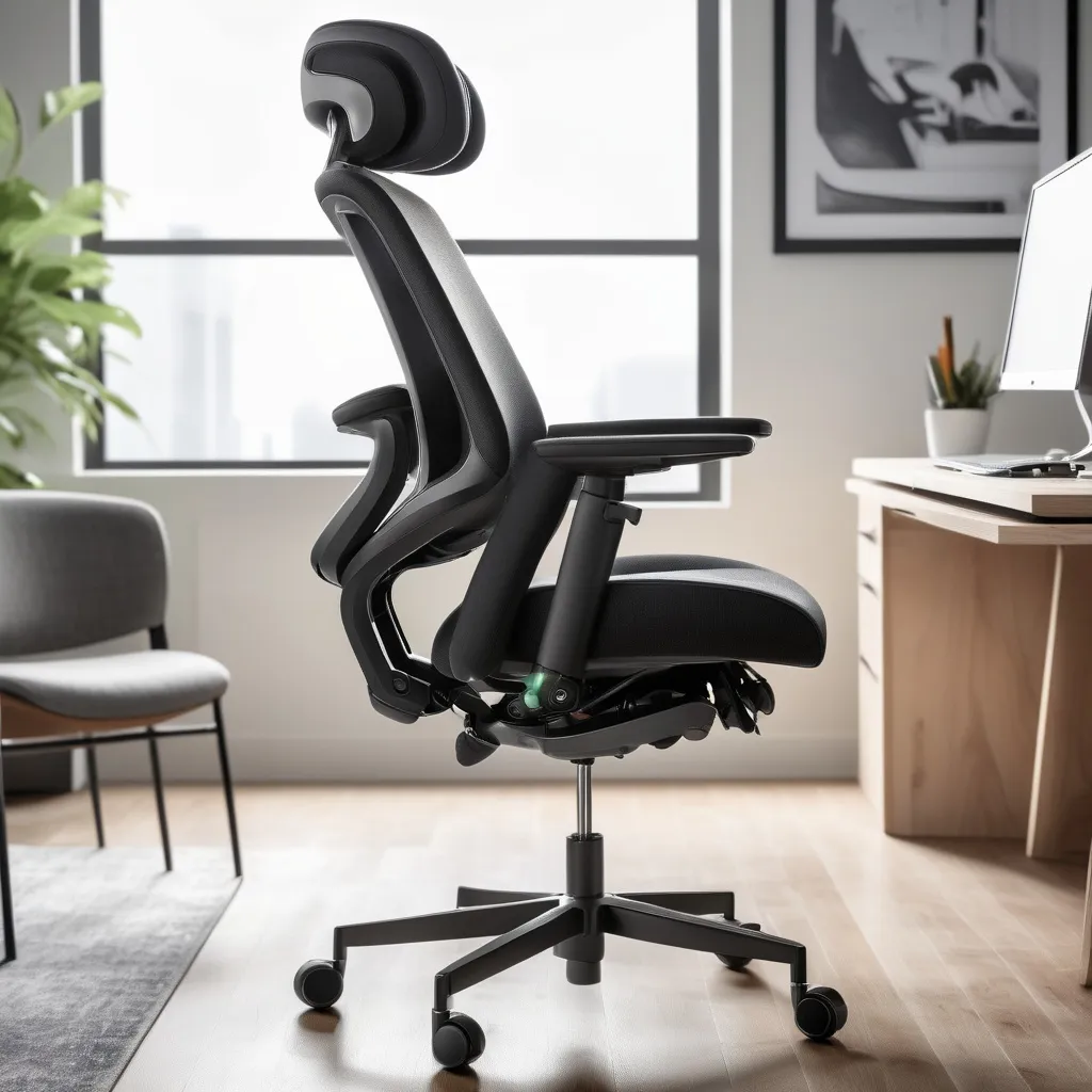 Prompt: A modern, ergonomic office chair with adjustable features, with a person using the controls to customize it, showcasing adjustability and comfort.