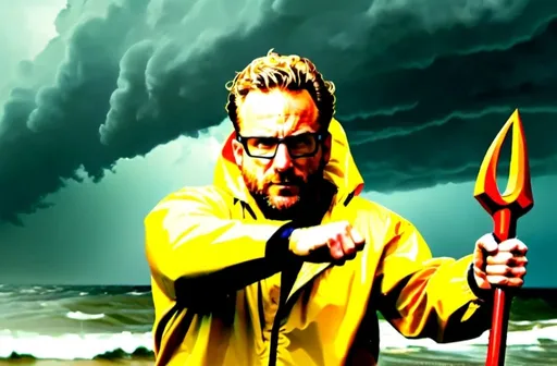 Prompt: Man in yellow rain jacket, holding trident, battling hurricane winds, high quality, realistic, dramatic lighting, intense weather, detailed facial expression, windblown, stormy atmosphere, powerful stance, dynamic composition, dramatic clouds, vibrant yellow, powerful winds