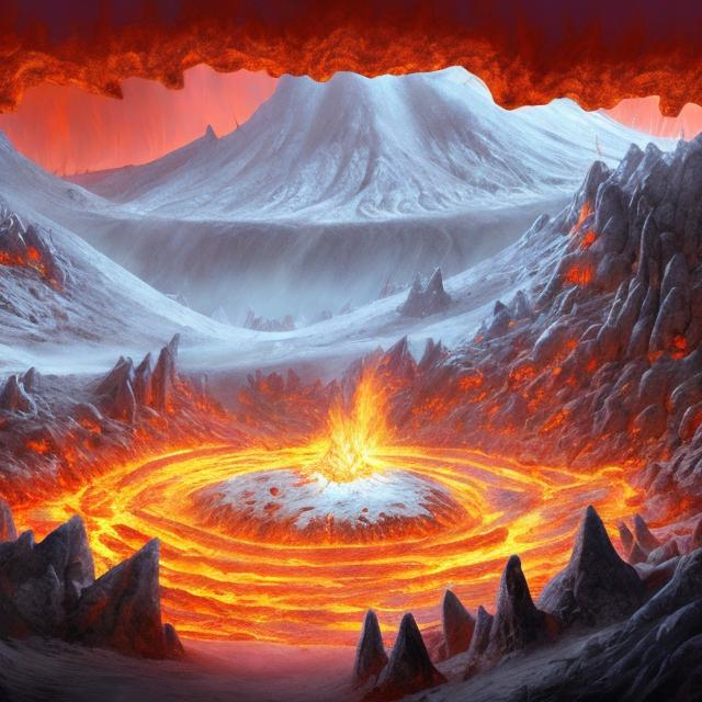 Prompt: A fantasy draw of a hell represented by a  snow field in the middle of a magma river 