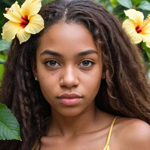 Prompt: a 25 year old jamaican girl with long curly hair a face shape that of a diamond with straight nose and large almond eyes and big pouty lips. on her hair is a yellow hibiscus.