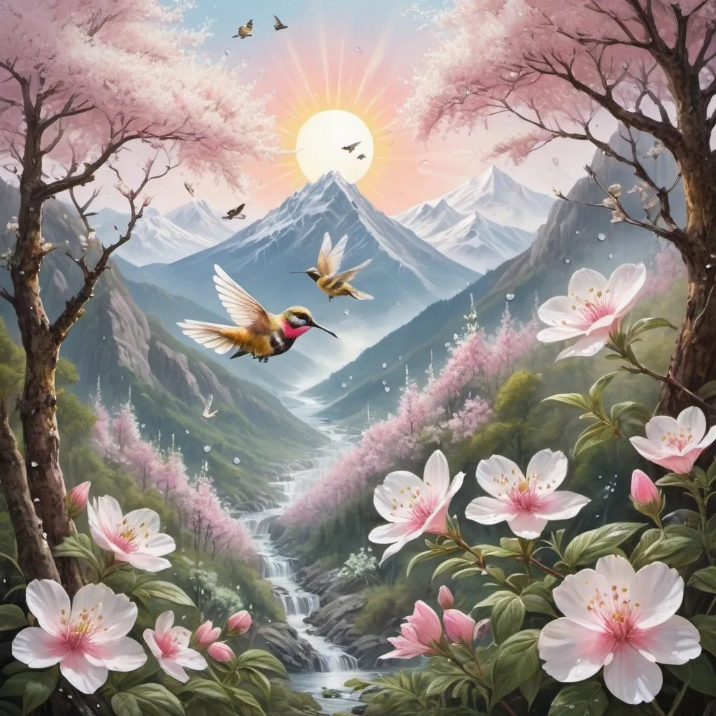 Prompt: a landscape of a mountain with thick trees and pink and white flowers blooming with droplets of water on their delicate leaf, birds and bees fly around them as they search for the nectar and shelter with the sun in the sky shining as bright as a lamp