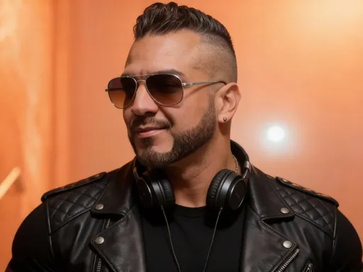 Prompt: @aNe2QccC8ohDrIeM8EiQ Physical Features:
Build: A man with a solid, muscular, and athletic build.
Facial Hair: A meticulously groomed anchor beard (a pointed chin beard paired with a thin mustache) and a clean, sharp jawline.
Hairstyle: A high-and-tight skin fade with a short, textured pompadour or "quiff" on top, styled with a slight peak.
Face Shape: Strong, square jawline with masculine features and tan skin tone.
Wardrobe & Accessories:
Eyewear: Classic silver-framed aviator sunglasses with dark or slightly mirrored lenses.
Outerwear: A premium, black fitted leather biker jacket with quilted padding on the shoulders and a stand-up collar.
Clothing: A simple black crew-neck t-shirt underneath the jacket.
Accessories: Large, professional-style over-ear DJ headphones worn around the neck.
