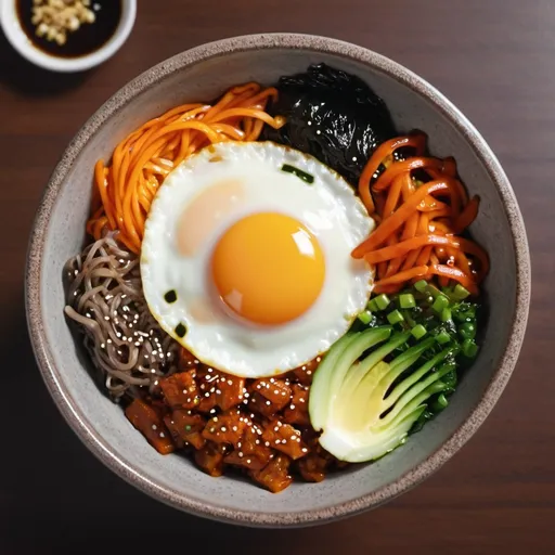 Prompt: korean bibimbob in a bowl, One sunny side egg on top, Close up, fine dining, Top View, Fine Dining, Beautiful Image, ripple, stop motion, 8k, realistic