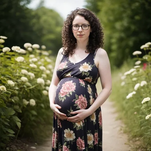 Prompt: A heavily pregnant young woman with pale skin and dark curly hair, wearing glasses. She is also wearing a floral print sundress. Full body.