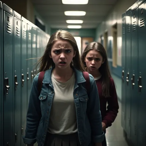 Prompt: (girl bullying girls), intense, dramatic scene, evokes emotions of conflict and tension, expressions of anger and sadness, dark shadows and muted colors, urban school setting, locker hallway, slightly blurred background, high tension in the air, focus on confrontation, captivating atmosphere, (highly detailed) illustrations, (4K) quality for vivid realism, cinematic lighting effects.