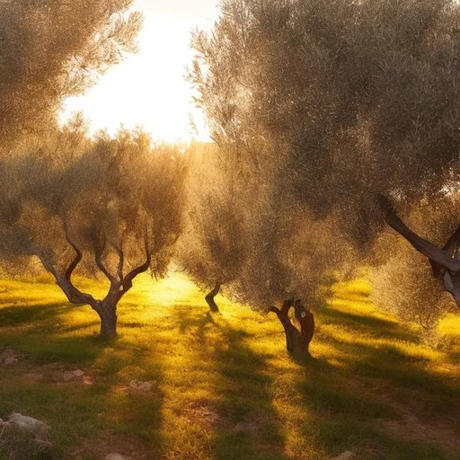 Prompt: 
A serene, rustic olive grove bathed in golden sunlight
