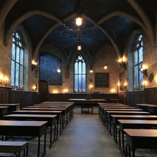 Prompt: Create a classroom that looks like it's in Hogwarts, in the transfiguration room. Cozy lights.