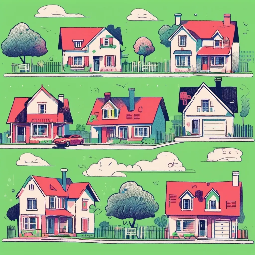 Prompt: suburbs with charming houses. You see 4 houses. facing 3/4 in our direction


