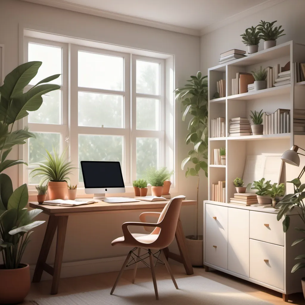 Prompt: cozy study space inside a house, serene atmosphere, warm natural lighting, stylish desk with organized books and a laptop, comfortable chair, some plants for a refreshing touch, soft colors, inviting ambiance, minimalist decor for focus, large window with a view of greenery, add a notebook, pencils and colors, a small white board, inviting and inspirational design.