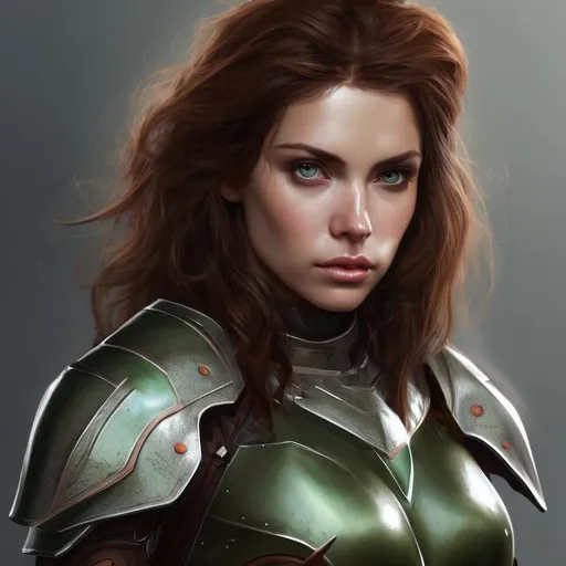 Prompt: olive skin tone, auburn hair, asymmetric hair, female, green eyes, realistic breastplate, grey light leather armor, highly detailed, digital painting,  concept art, sharp focus, illustration,