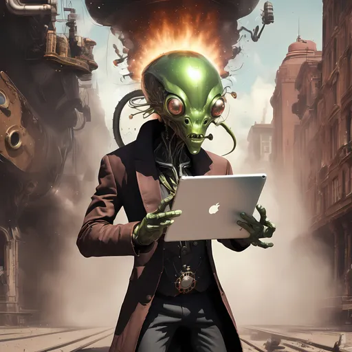 Prompt: Exploding alien steampunk style holding apple ipad in his hands