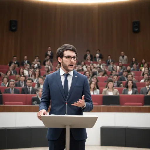 Prompt: Persona dando un discurso a una audiencia desde un podio 
