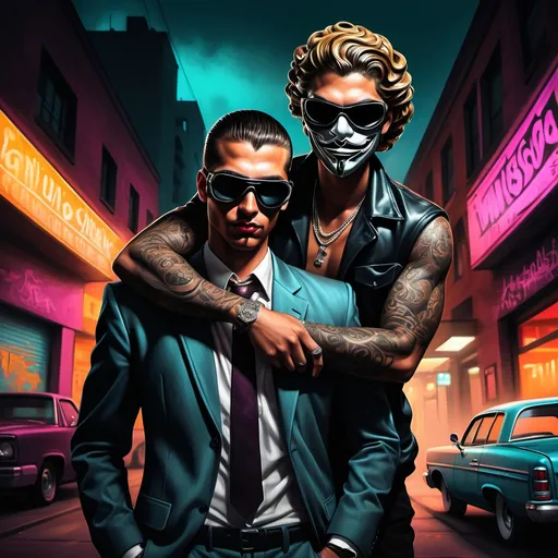 Prompt: (sneaky woman) arms around him, one hand holding a mask, the other reaching into his pocket, (gangster noir style), (lowrider art), (edgy and dramatic tone), vibrant colors, urban setting, (medusa-inspired elements), subtle shadowing, high contrast lighting, ultra-detailed, captivating atmosphere, intriguing and mischievous vibe.