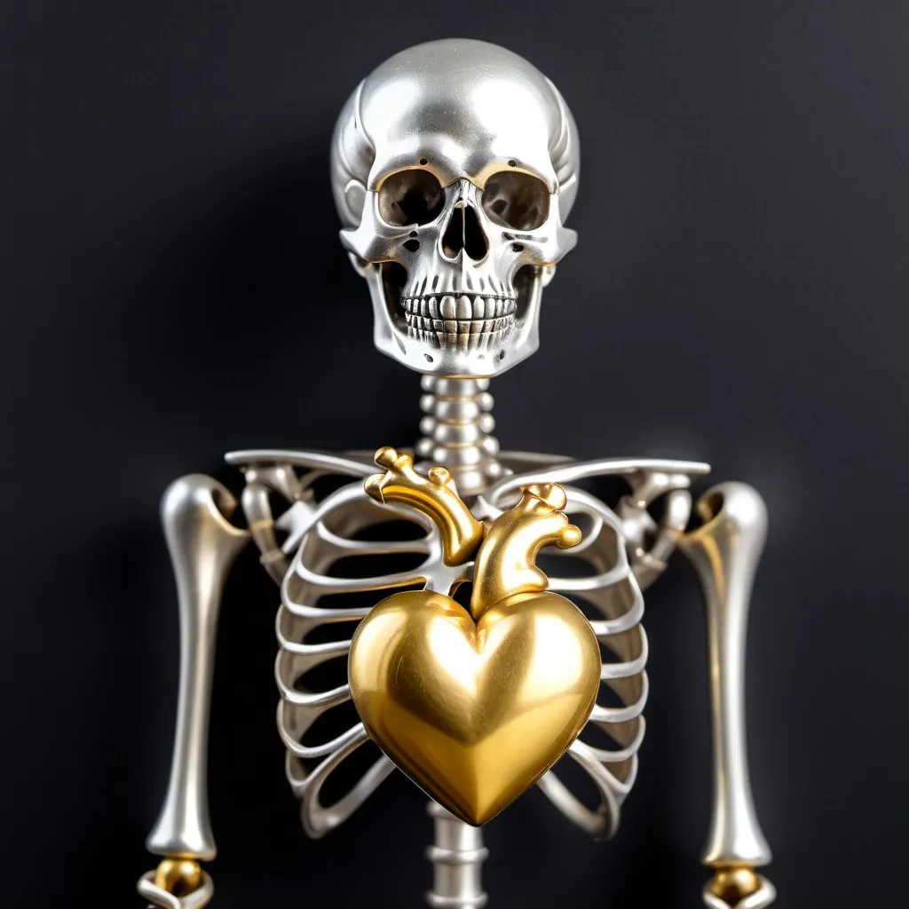 Prompt: A silver skeleton on a golden heart