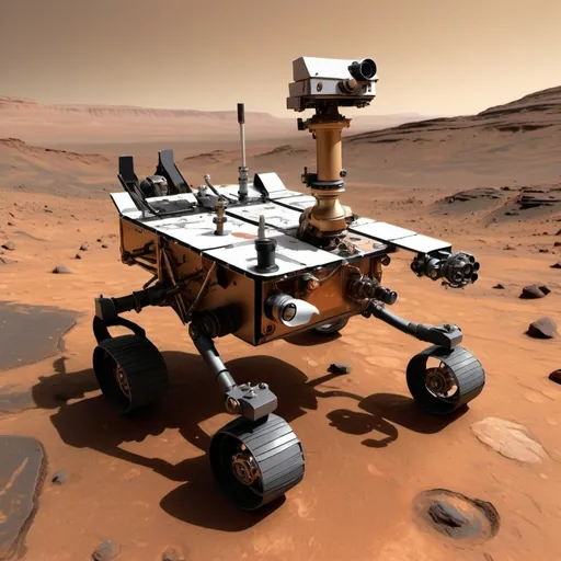 Prompt: Imagine a Renaissance-style painting featuring a Mars rover as its central subject. The rover, meticulously detailed, is depicted with classical grandeur. It stands on the rugged Martian surface, rendered with soft, warm hues of ochre and sienna, evoking the earthy tones of Renaissance landscapes.

The painting employs chiaroscuro to create dramatic contrasts between light and shadow, highlighting the rover’s intricate mechanical components with a sense of three-dimensionality. The warm light, reminiscent of a setting or rising sun, casts a gentle glow over the scene, reflecting off the rover's surfaces and creating a rich interplay of light and shadow. 

In the background, a distant view of Mars is painted with a blend of warm oranges and reds, subtly transitioning into cooler, more muted tones towards the horizon. The sky, imbued with the golden light of an ethereal sunset, contrasts beautifully with the deep, dark shadows of the Martian terrain. 

This fusion of Renaissance techniques and futuristic subjec