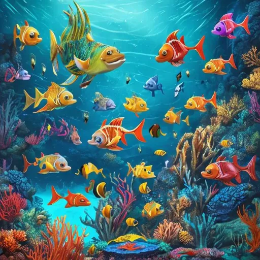 Prompt: Vibrant underwater scene with colorful fishes, realistic ocean water, shimmering scales, high quality, digital painting, tropical marine life, coral reef backdrop, natural lighting, vibrant colors, detailed fins and tails, lively aquatic environment