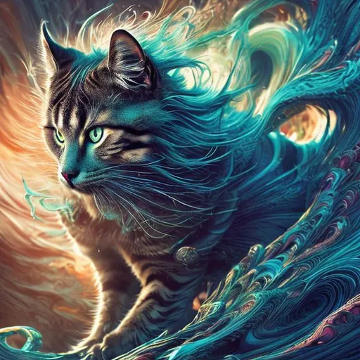 Prompt: Surreal digital artwork of a majestic cat on a swirling tornado, vibrant and chaotic, magical realism, detailed fur with dynamic patterns, intense and piercing gaze, high-quality digital rendering, surreal, magical realism, vibrant tones, chaotic swirls, detailed fur, intense eyes, digital art, surrealistic, atmospheric lighting