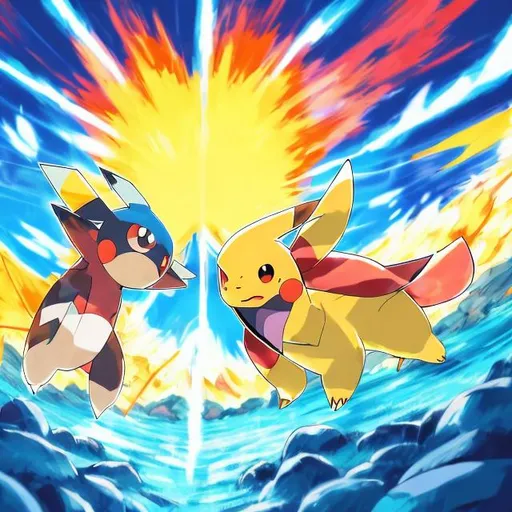 Prompt: High-quality digital illustration of Pokémon Sun facing off against Pokémon Moon, vibrant colors, dynamic battle scene with intense energy, detailed Pokémon designs, anime style, intense and contrasting color tones, dramatic lighting, epic showdown, 4k resolution, ultra-detailed, dynamic composition, vibrant colors, anime, dramatic lighting, intense energy, Pokémon Sun, Pokémon Moon