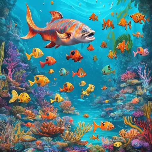 Prompt: Vibrant underwater scene with colorful fishes, realistic ocean water, shimmering scales, high quality, digital painting, tropical marine life, coral reef backdrop, natural lighting, vibrant colors, detailed fins and tails, lively aquatic environment