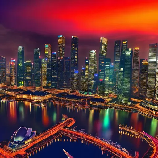 Prompt: Vibrant nighttime cityscape of Singapore, digital painting, iconic Marina Bay Sands, bustling city streets, high quality, realistic, dynamic lighting, colorful city lights, modern skyscrapers, reflective surfaces, lively atmosphere, vivid colors, urban, futuristic, detailed architecture, bustling nightlife, radiant glow, inspiring skyline