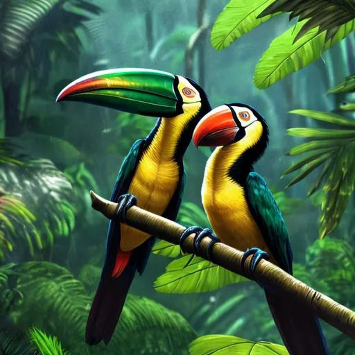 Prompt: Photorealistic rainforest scene with vibrant toucans, lush green foliage, realistic raindrops, detailed feathers, high quality, photorealism, vibrant colors, tropical atmosphere, detailed beaks, realistic textures, lifelike wildlife, high-resolution, rich and natural lighting