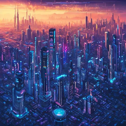 Prompt: Futuristic cityscape with towering skyscrapers, aerial view, shimmering metallic surfaces, neon lights, bustling urban life, cyberpunk, highres, ultra-detailed, sci-fi, futuristic, dynamic angles, vibrant colors, atmospheric lighting