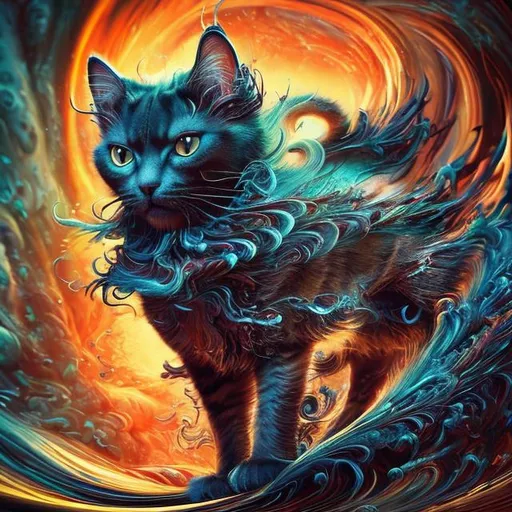 Prompt: Surreal digital artwork of a majestic cat on a swirling tornado, vibrant and chaotic, magical realism, detailed fur with dynamic patterns, intense and piercing gaze, high-quality digital rendering, surreal, magical realism, vibrant tones, chaotic swirls, detailed fur, intense eyes, digital art, surrealistic, atmospheric lighting