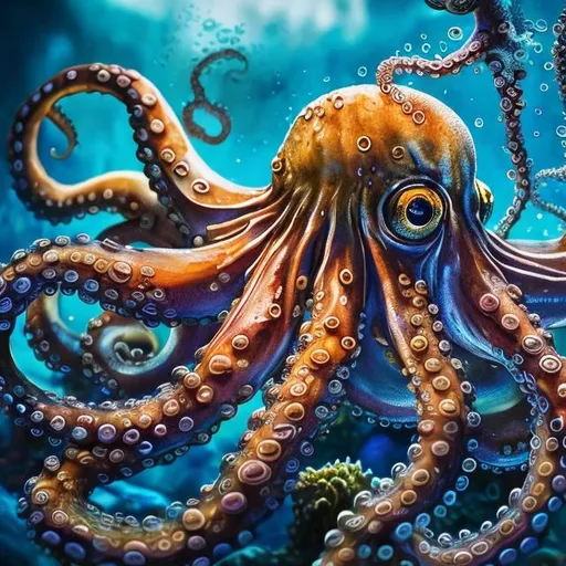 Prompt: Detailed, high-quality illustration of an octopus squirting ink, realistic textures, vibrant underwater scene, dynamic composition, detailed tentacles, highres, ultra-detailed, vibrant colors, realistic, marine life, dynamic, underwater, detailed textures, ink squirting, oceanic, dynamic composition, vibrant, professional, realistic lighting