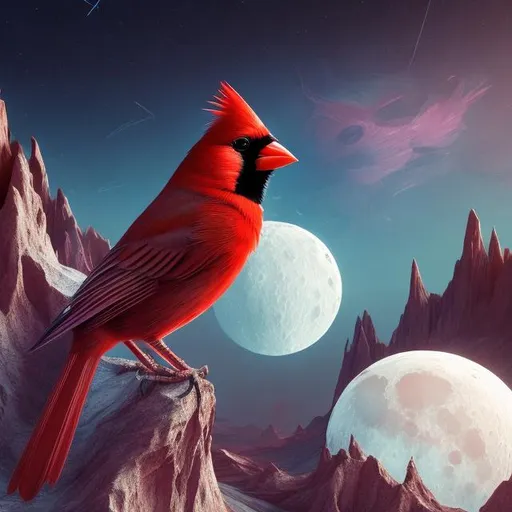 Prompt: Vibrant red cardinal perched on the moon's surface, surreal moonlit landscape, highly detailed feathers and beak, realistic lunar terrain, breathtaking cosmic scenery, high quality, realistic, surreal, moonlit, detailed feathers, vibrant red, cosmic landscape, surreal lighting