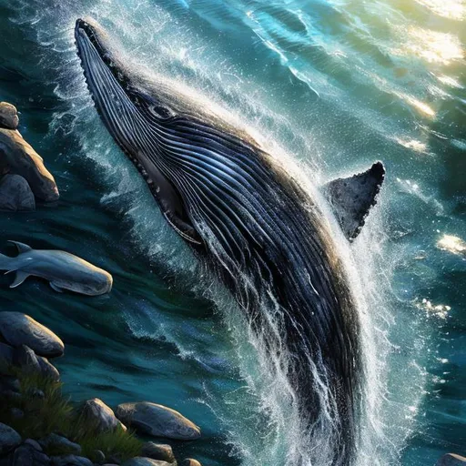 Prompt: Whale in a river, photorealistic, flowing water, detailed texture, realistic lighting, riverbank landscape, detailed whale body, calm and serene atmosphere, high quality, photorealism, detailed water, natural colors, serene lighting