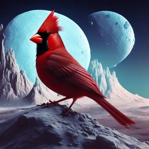 Prompt: Vibrant red cardinal perched on the moon's surface, surreal moonlit landscape, highly detailed feathers and beak, realistic lunar terrain, breathtaking cosmic scenery, high quality, realistic, surreal, moonlit, detailed feathers, vibrant red, cosmic landscape, surreal lighting