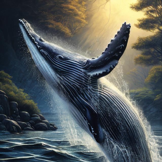 Prompt: Whale in a river, photorealistic, flowing water, detailed texture, realistic lighting, riverbank landscape, detailed whale body, calm and serene atmosphere, high quality, photorealism, detailed water, natural colors, serene lighting
