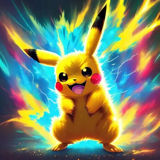 Prompt: High-quality vibrant digital illustration of Pikachu, detailed fur and lightning effects, anime style, bright yellow and electric blue tones, dynamic pose, crackling sparks, energetic and playful expression, digital art, vibrant colors, lightning effects, anime, energetic pose, vibrant yellow, electric blue, high quality