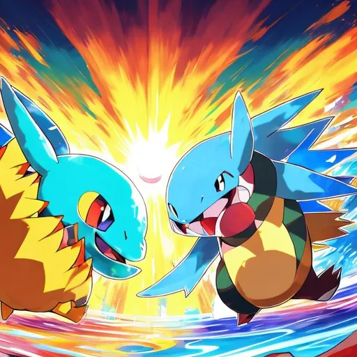 Prompt: High-quality digital illustration of Pokémon Sun facing off against Pokémon Moon, vibrant colors, dynamic battle scene with intense energy, detailed Pokémon designs, anime style, intense and contrasting color tones, dramatic lighting, epic showdown, 4k resolution, ultra-detailed, dynamic composition, vibrant colors, anime, dramatic lighting, intense energy, Pokémon Sun, Pokémon Moon