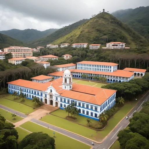 Prompt: create an image of a portuguese colonial style university campus in brazil. the place have many buldings, including dorms and a football field. it is hidden within the hills of the Atlantic Forest.