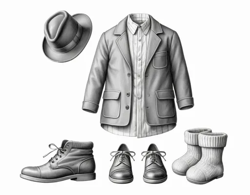 Prompt: pencil sketch shirt coat shoes socks hat with white background