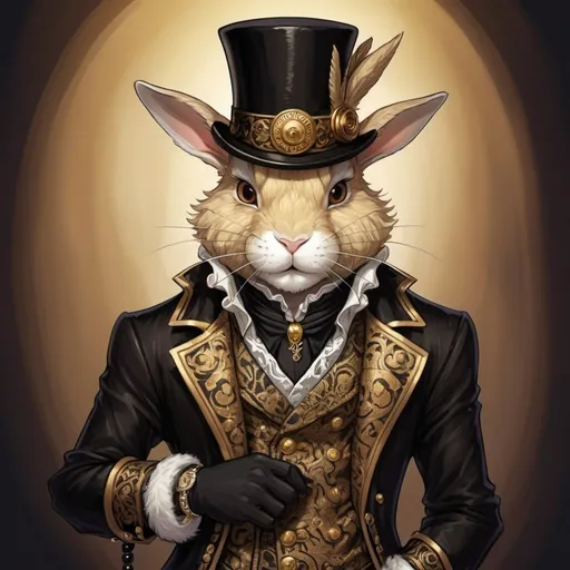 Prompt: Drawn in the art style of One Piece, a rabbit mink, honey and cream coloured fur, a cashmere black and gold jacket, along with a bracelet made of woven hair, a ornate cane with a long face at the top, with a black top hat, with a small black pocket on its side, fantasy character art, illustration, dnd, warm tone