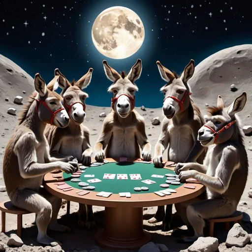 Prompt: "Create a whimsical scene on the moon's surface with a group of donkeys and monkeys playing poker. They are gathered around a makeshift table made of moon rocks, with stacks of poker chips in front of them. The background features the Earth visible in the sky, set against a starry night. The scene is illuminated by the moonlight, giving it a magical, surreal quality."