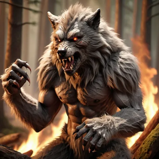 Prompt: werewolf god, furry arms, furry hands, at ease, high quality, detailed 3D rendering, woodland, forest fire, realistic fur texture, angered expression, natural lighting, warm tones