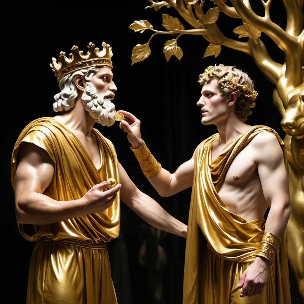 Prompt: show me king Midas asking Dionysus for his reward, which is that everything he touches became gold
