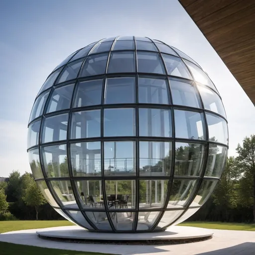 Prompt: Spherical building from clear glass and aluminium . The first floor is open
