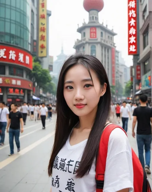 Prompt: a  lovely beautiful girl  in  shanghai nanjing road, be realistic