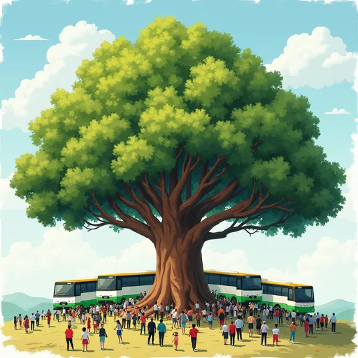 Prompt: Draw a picture of a giant tree, with deep roots in transportation, the name of the tree is transdev, the largest public transportation organization in the world. This tree named trans Dev is the biggest tree in the world shaped like A giant Redwood This big bushy tree has fruit on it. Hanging from it are buses Instead of fruits like oranges or apples, there are no apples or oranges. There are buses, green and white buses, black, green and white buses, and a variety of maroon and gold buses. And blue buses and orange buses all colored in different colors. Hanging from this tree representing the different
Types of public transportation that this tree produces to the public.
Around the tree at the base of the tree is a large crowd of a variety of colored people. Black white yellow oriental east Indian American Indian children women all glorifying this tree. Because they're grateful of the fact that this tree provides the transportation they need, they're professional individuals, their students, there, doctors and lawyers. All using this public transportation and the transportation that transdev, and the fruit of the tree provide