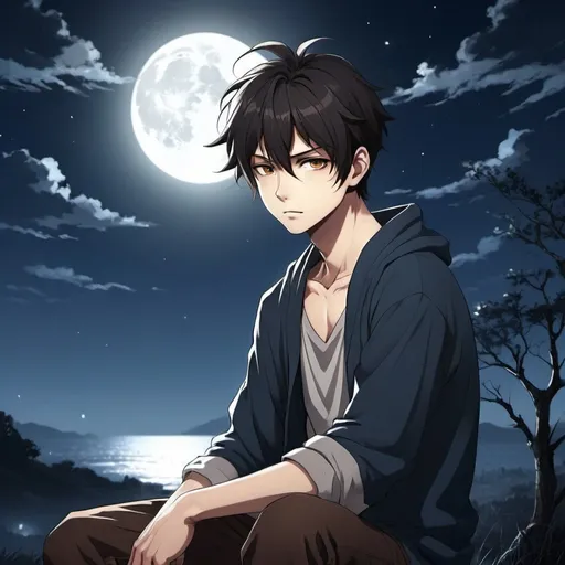 Prompt: make art image for display picture: anime guy under the moonlight that gives of a sense of fearlessness and peace