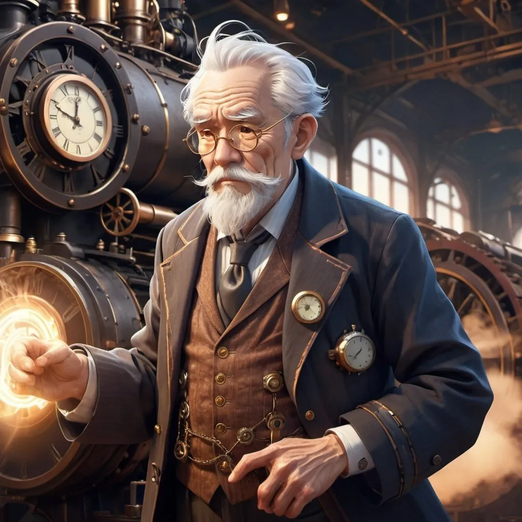 Prompt: Character design concept: 1 old man, Honkai Star Rail character inspired by steam engine, with time manipulation powers, detailed steam engine design, vintage industrial materials, intricate clockwork elements, high quality, anime, steampunk, warm tones, dramatic lighting, intricate detailing, futuristic technology, time manipulation, dynamic pose, character design, atmospheric background