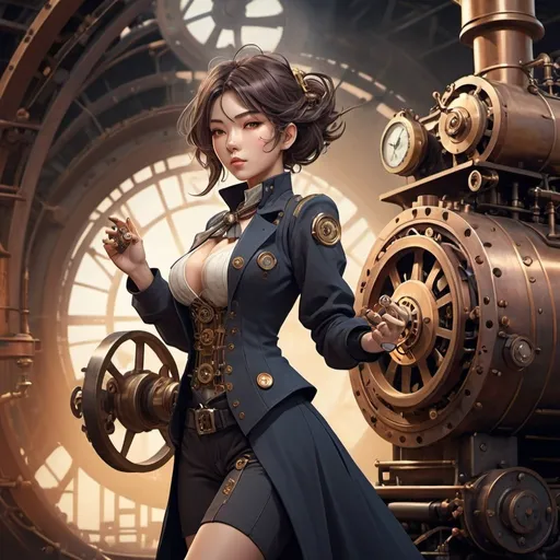 Prompt: Character design concept: 1 woman, Honkai Star Rail character inspired by steam engine, with time manipulation powers, detailed steam engine design, vintage industrial materials, intricate clockwork elements, high quality, anime, steampunk, warm tones, dramatic lighting, intricate detailing, futuristic technology, time manipulation, dynamic pose, character design, atmospheric background
