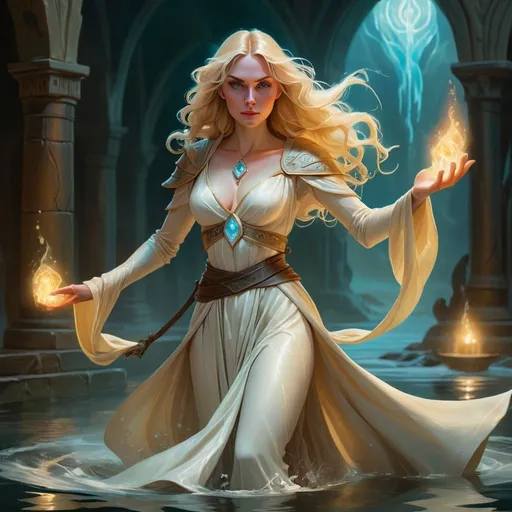 Prompt: Blonde-haired DND sorceress villainess walking on water, historical fantasy artwork, flowing robes, magical aura, detailed facial features, high quality, oil painting, medieval fantasy, dramatic lighting, ethereal glow, mystical atmosphere